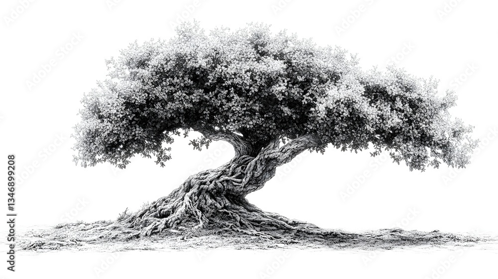 Fototapeta premium Majestic Twisted Tree Silhouette Stands Alone in Serene Monochrome Landscape