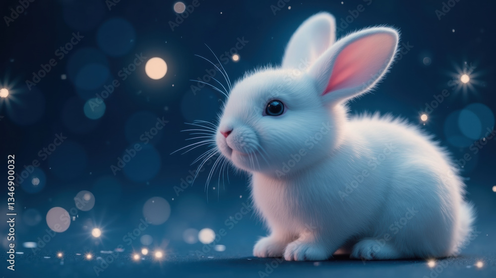 fluffy white rabbit sits gracefully against dreamy blue background, surrounded by soft glowing lights, evoking sense of wonder and tranquility