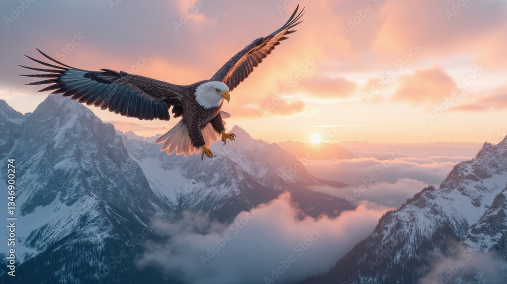 Naklejka premium Majestic eagle soaring over mountains at sunset, capturing nature beauty