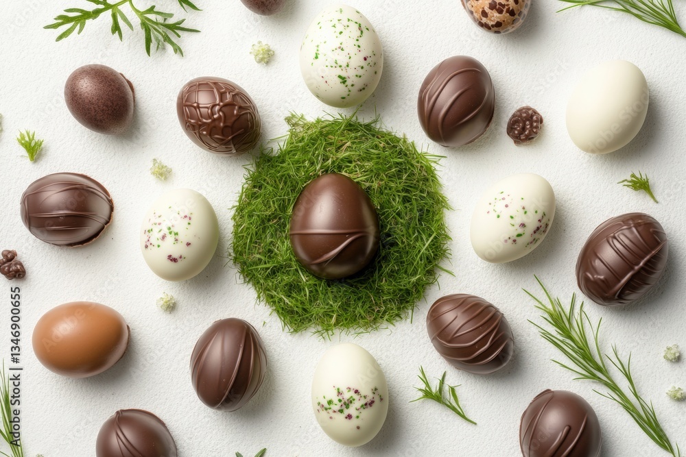 Delightful circle of chocolate bunnies and colorful Easter eggs Generative AI Delightful circle of chocolate bunnies and colorful Easter eggs Generative AI