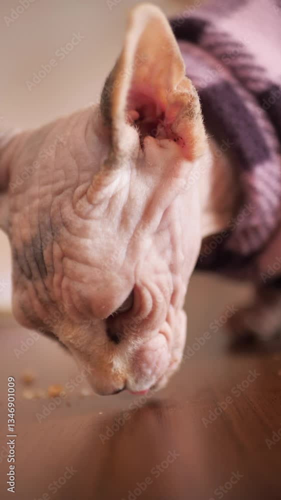 Vertical screen: pink sphinx cat licks crumbs on the table. Hungry cat searches for food on the table and eats bread crumbs. Cat without fur and hair. Hairless animal Vertical screen: pink sphinx cat licks crumbs on the table. Hungry cat searches for food on the table and eats bread crumbs. Cat without fur and hair. Hairless animal