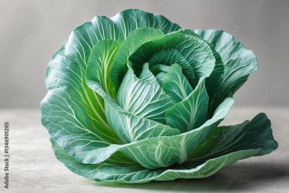 Obraz premium Close-up of a fresh green cabbage with intricate leaf patterns on a light grey surface