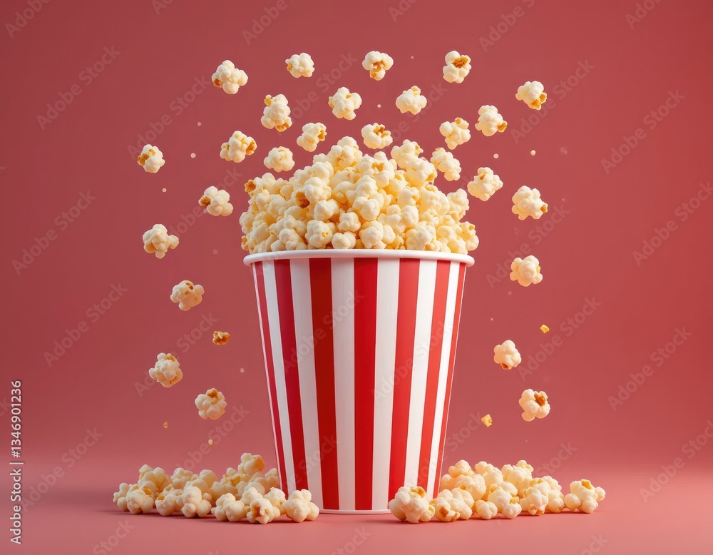 Popcorn Overflowing From Striped Bucket with Floating Pieces on Red Background Popcorn Overflowing From Striped Bucket with Floating Pieces on Red Background