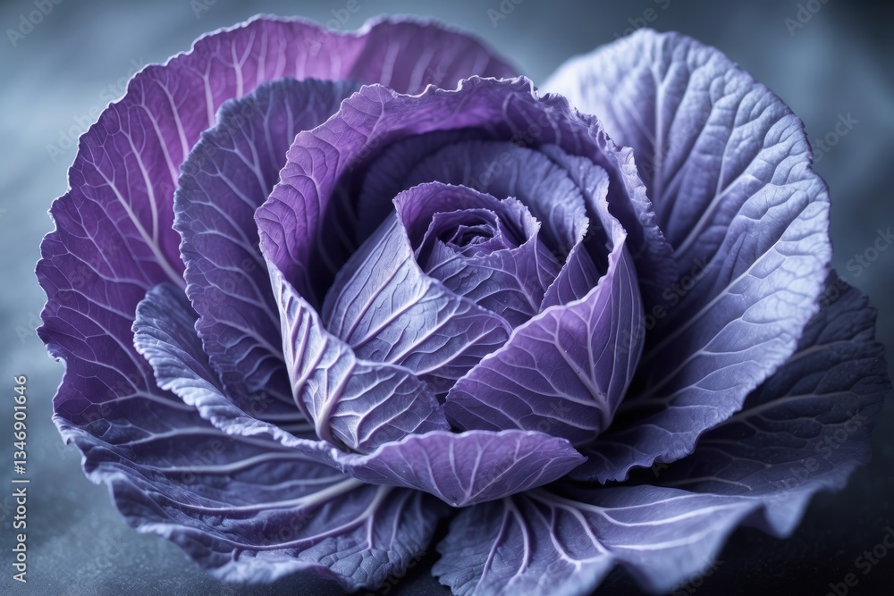 Obraz premium Close-up of a vibrant purple cabbage with intricate leaf patterns and a textured surface, evoking freshness and natural beauty