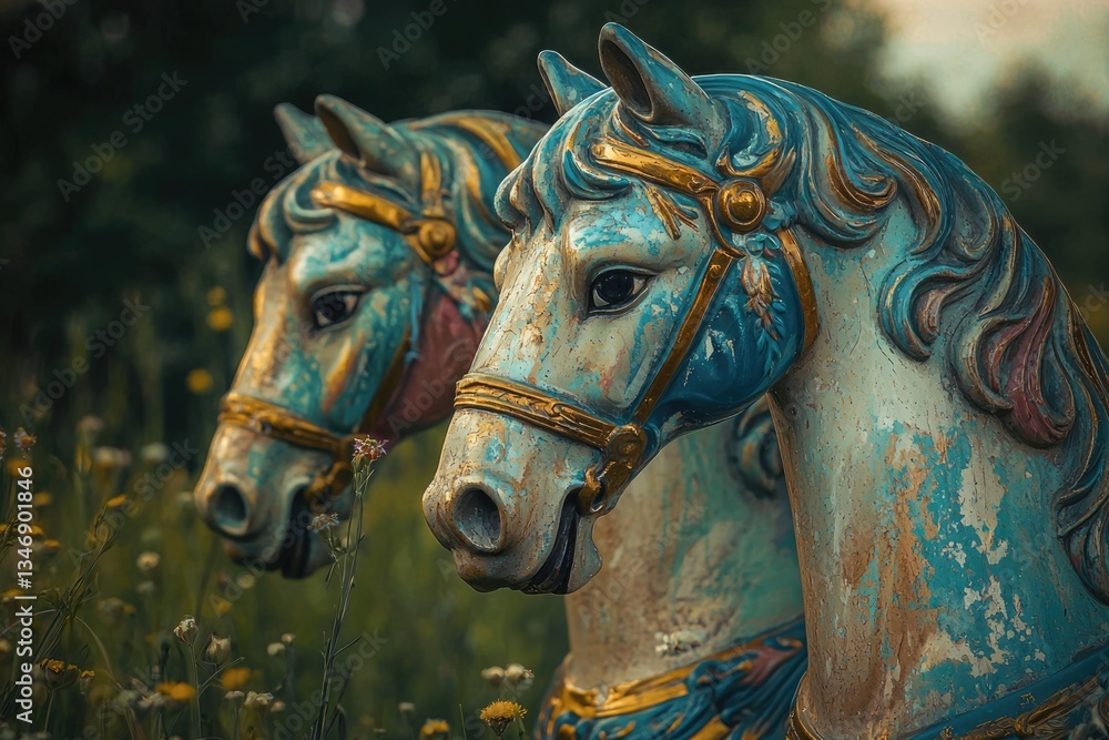 Two weathered carousel horses stand amidst wildflowers, showcasing their faded paint and intricate details. Two weathered carousel horses stand amidst wildflowers, showcasing their faded paint and intricate details.