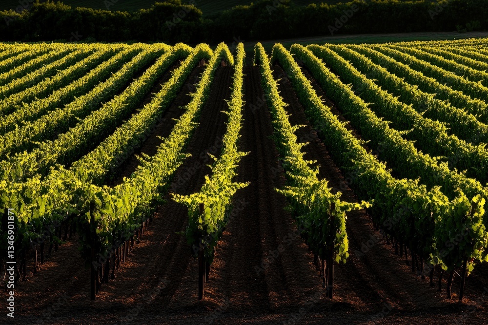 Fototapeta premium A lush vineyard with rows of green grapevines stretching across the landscape, illuminated by soft sunlight.