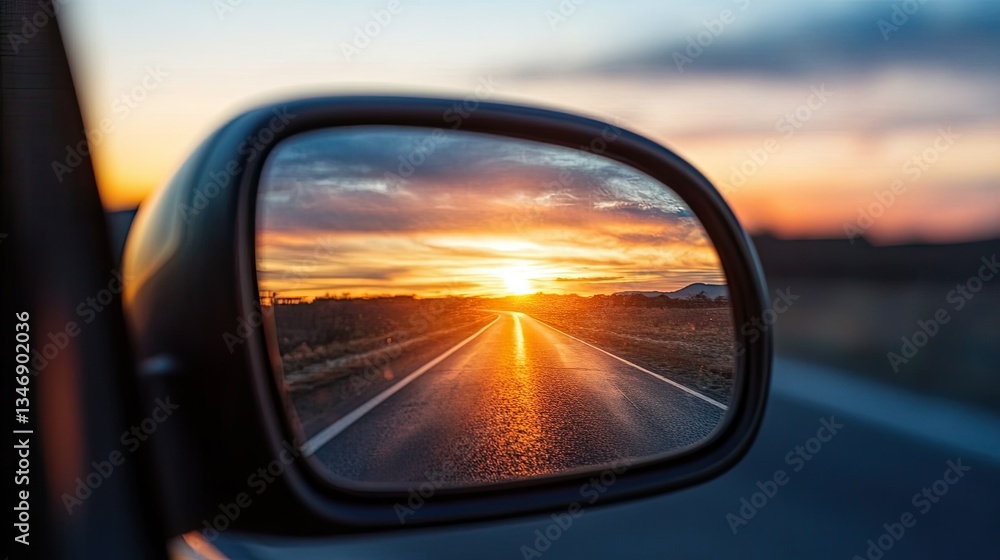 Sunset reflecting in the side mirror, viewed from the driver's seat while cruising down an open road in the evening. Sunset reflecting in the side mirror, viewed from the driver's seat while cruising down an open road in the evening.