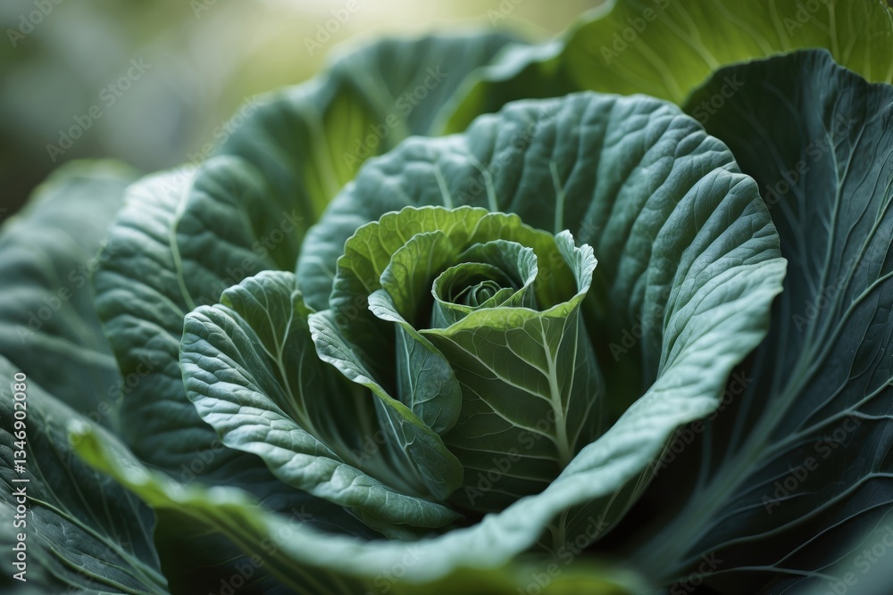 Obraz premium Close-up of a fresh green cabbage with tightly layered leaves, showcasing intricate textures and natural patterns against a soft blurred background
