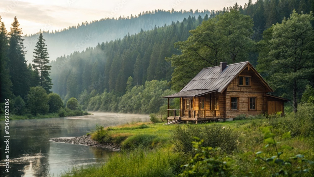 Fototapeta premium Rural Countryside A serene wooden cabin by a calm river, surrounded by lush mountains and trees.