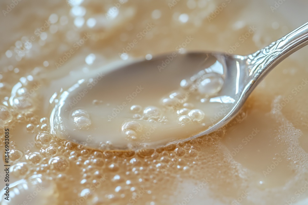 Close-up of a spoon in a bubbly, creamy, beige liquid; possibly a beverage or cosmetic product. Close-up of a spoon in a bubbly, creamy, beige liquid; possibly a beverage or cosmetic product.
