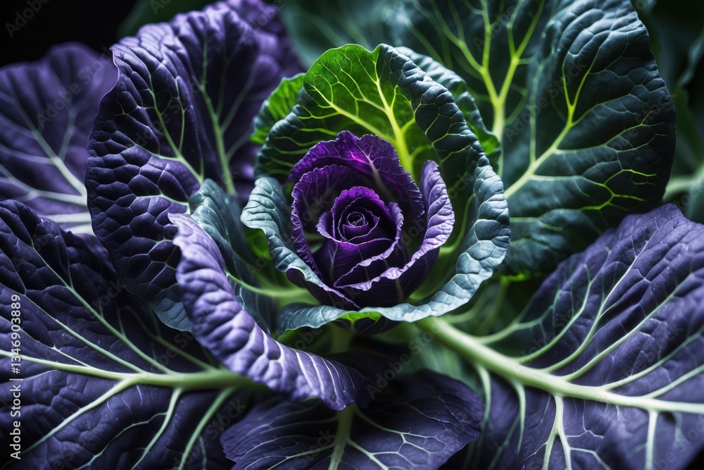 Fototapeta premium Close-up view of vibrant purple cabbage leaves with intricate green veins and texture, showcasing fresh, organic produce