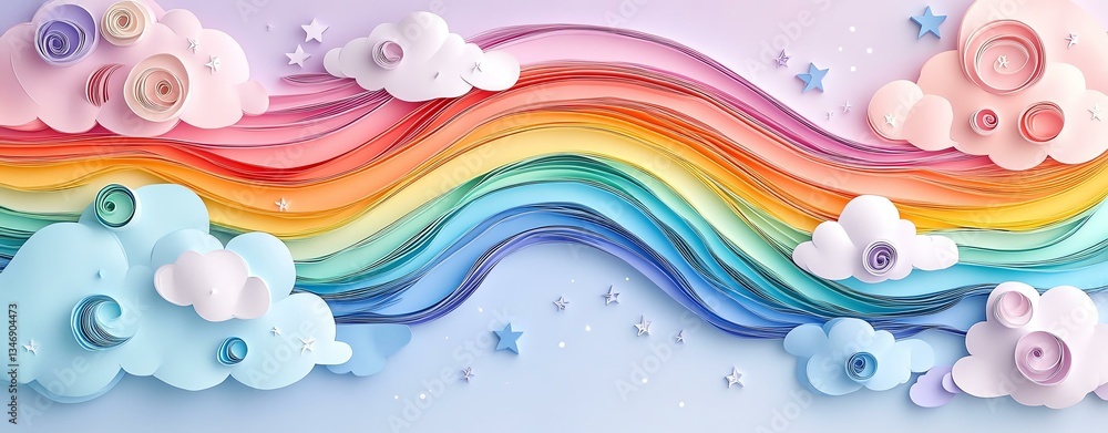 layered paper quilling technique A vibrant rainbow made of paper with charming clouds and whimsical decorations. layered paper quilling technique A vibrant rainbow made of paper with charming clouds and whimsical decorations.