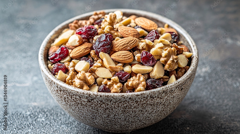 A bowl of mixed nuts and dried fruits, featuring almonds, walnuts, and cranberries, set against a textured dark background. A bowl of mixed nuts and dried fruits, featuring almonds, walnuts, and cranberries, set against a textured dark background.
