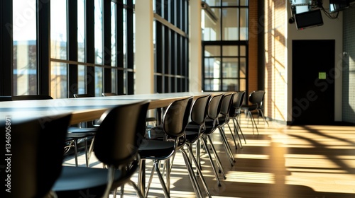 Modern empty conference room, sunlight, spacious, work area