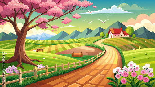 art Spring countryside landscape; morning farmland field and blooming tree