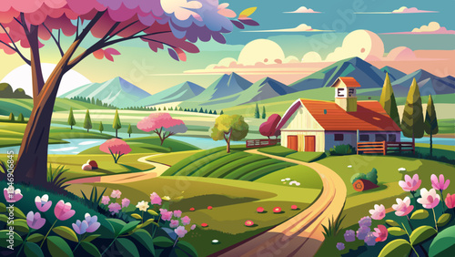 art Spring countryside landscape; morning farmland field and blooming tree