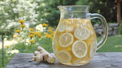 A glass pitcher filled with refreshing lemon-ginger beverage, adorned with lemon slices, set against a vibrant garden background.