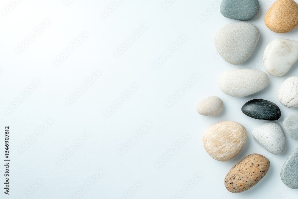 serene display of varied decorative stones arranged harmoniously on sleek white surface