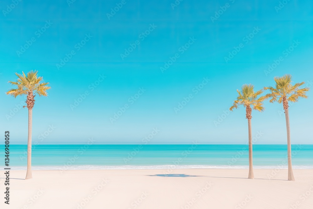 Fototapeta premium serene sandy beach with gentle waves lapping at shore framed by palm trees swaying in breeze under clear blue sky