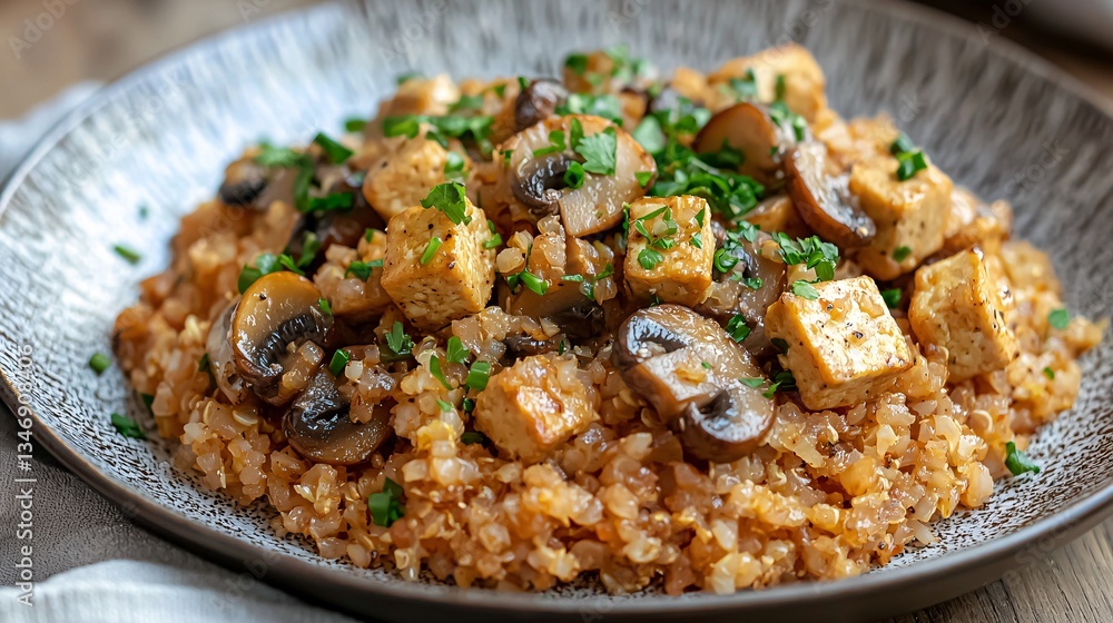 A delicious dish featuring quinoa, tofu, mushrooms, and garnished with fresh herbs, served in a stylish bowl. A delicious dish featuring quinoa, tofu, mushrooms, and garnished with fresh herbs, served in a stylish bowl.