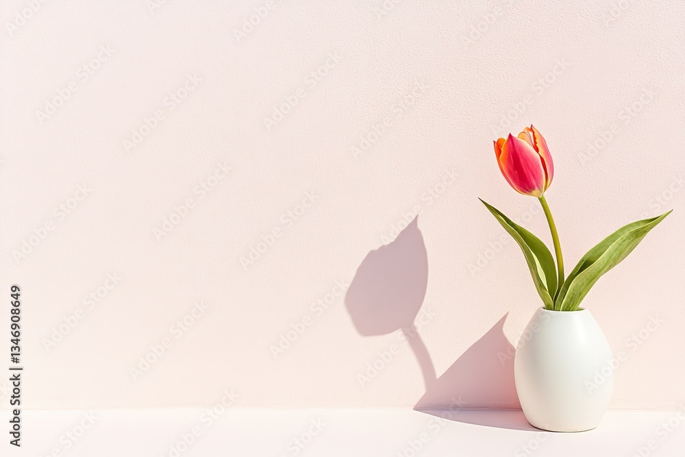 Fototapeta premium single elegant tulip stands in simple white vase casting soft shadow on pristine light-colored background symbolizing