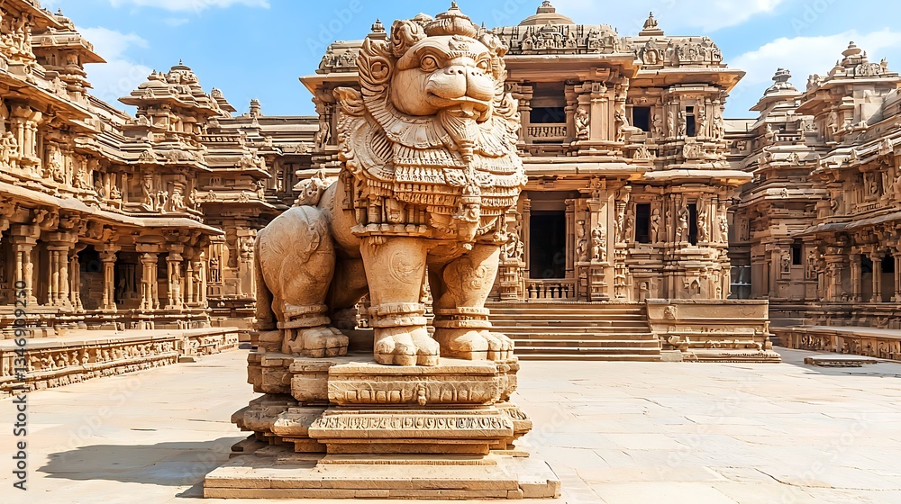 Majestic Lion Sculpture at Ancient Temple Complex in India Majestic Lion Sculpture at Ancient Temple Complex in India