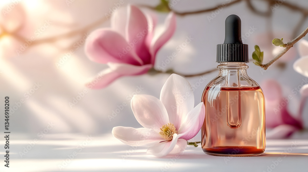 Luxury bottle of magnolia essential oil with blooming flowers on a clean white backdrop Luxury bottle of magnolia essential oil with blooming flowers on a clean white backdrop