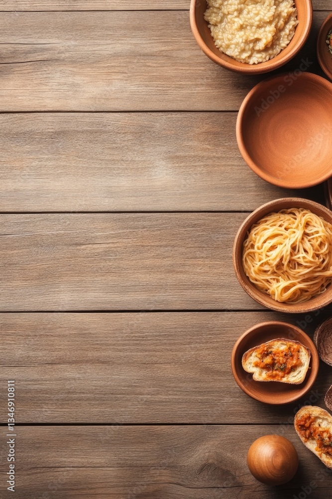 top-down view of rustic wooden table adorned with various authentic italian dishes like pasta risotto and bruschetta top-down view of rustic wooden table adorned with various authentic italian dishes like pasta risotto and bruschetta