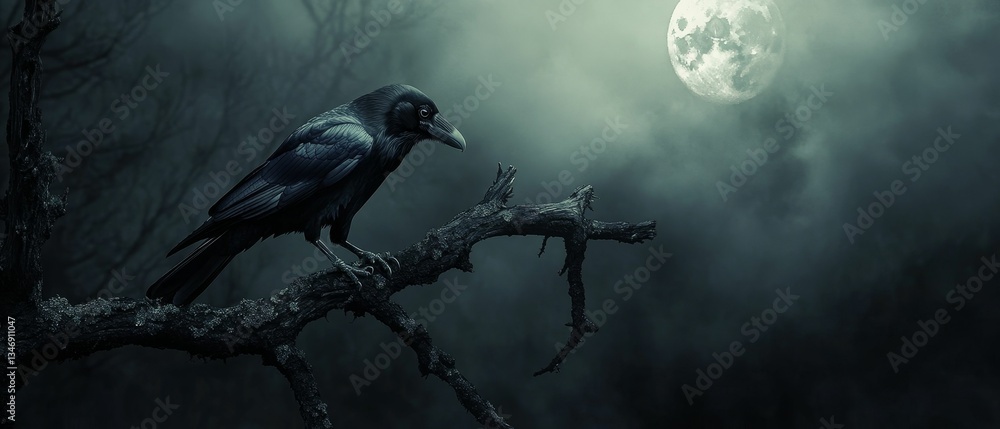 Fototapeta premium Raven perches beneath a haunting full moon