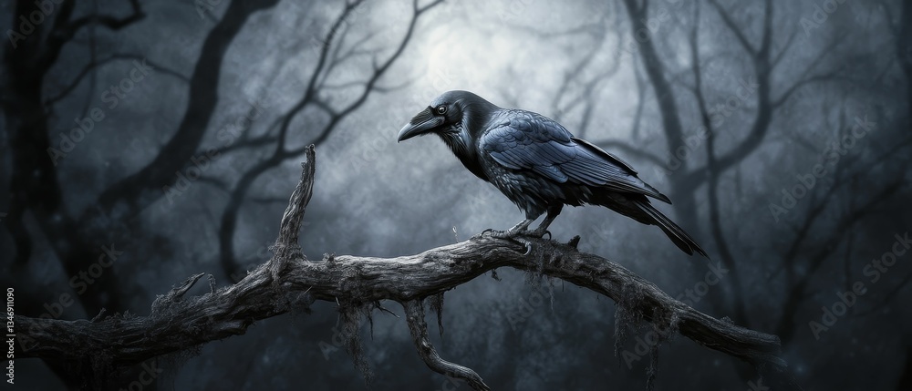 Fototapeta premium Dark raven perches on a gnarled branch