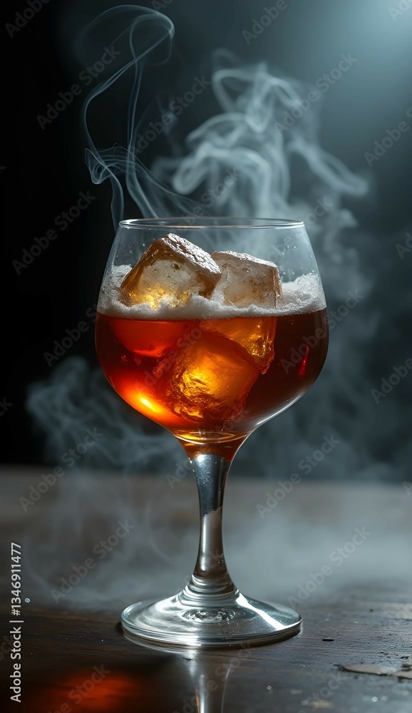 Glass of smokey cocktail with ice cubes emits vapor against a dark background, creating an elegant and mysterious ambiance Glass of smokey cocktail with ice cubes emits vapor against a dark background, creating an elegant and mysterious ambiance