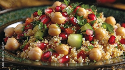 A vibrant quinoa salad with chickpeas, pomegranate seeds, and fresh vegetables, served on an intricately designed plate.