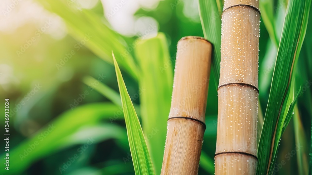 Obraz premium Sugarcane Organic Farming Concept, Close-Up of Glistening Sugarcane Stalks with Dew in Lush Green Background Capturing Nature's Beauty