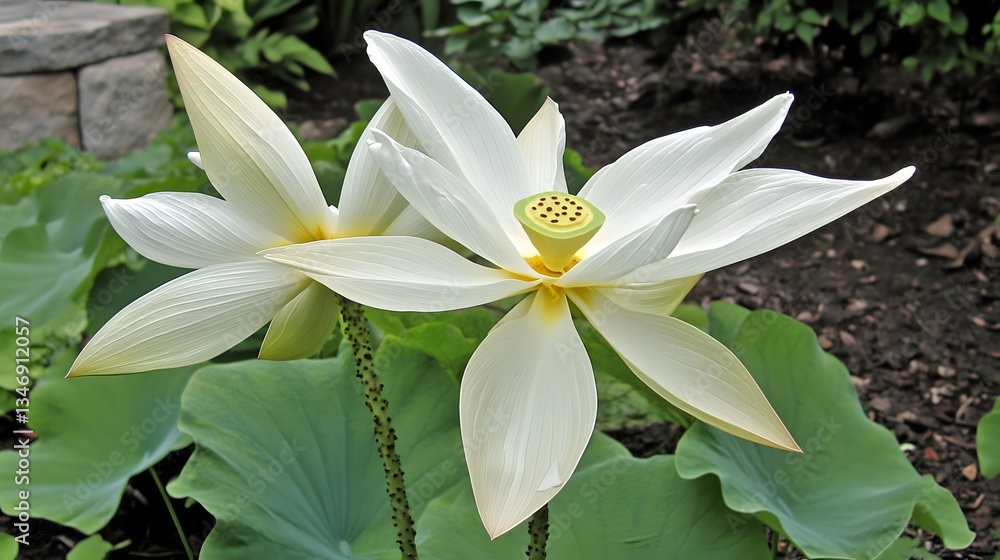 Fototapeta premium Stunning White Lotus Flowers Blooming in Garden