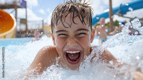 Joyful Boy Splashing in Water Park Pool