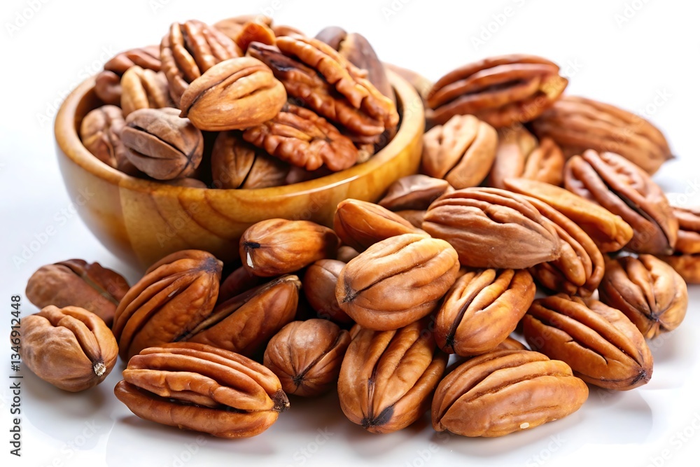 Obraz premium A close-up shot of shelled pecan nuts in a wooden bowl, spilling out onto a white surface. The nuts are light brown and have a slightly wrinkled texture.