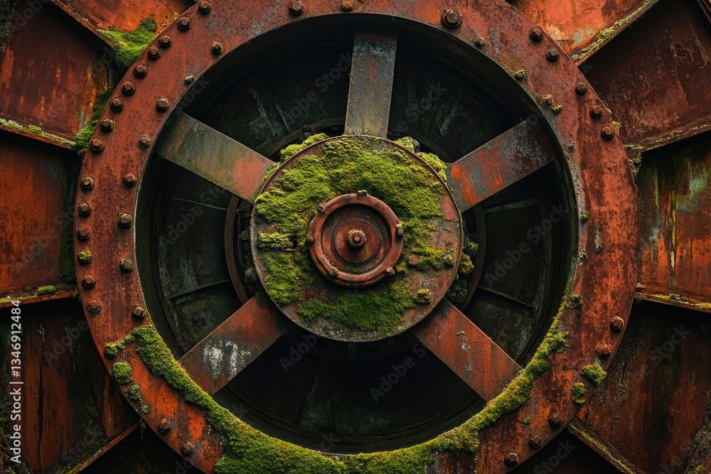 Obraz premium Rusty, moss-covered industrial wheel, showcasing age and decay with intricate details.