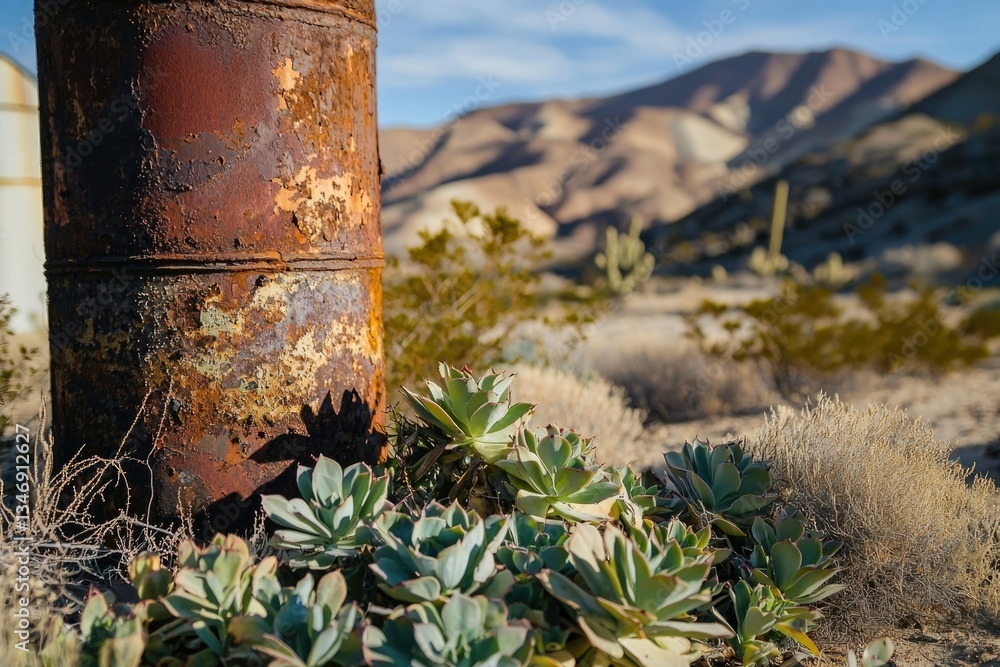 Rusty metal barrel, weathered by time, sits amidst thriving succulents in a desert landscape. Rusty metal barrel, weathered by time, sits amidst thriving succulents in a desert landscape.