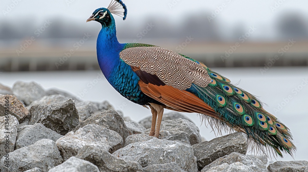 Fototapeta premium Peacock on Rocks by Water