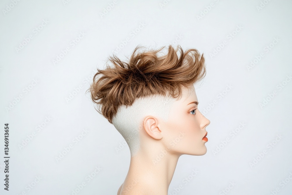 artfully styled mannequin head showcasing unique and edgy haircut set against stark white background with ample copy artfully styled mannequin head showcasing unique and edgy haircut set against stark white background with ample copy