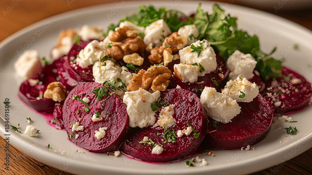 Fototapeta premium A vibrant plate of sliced beets topped with crumbled feta cheese, walnuts, and fresh greens, showcasing a colorful and healthy dish.