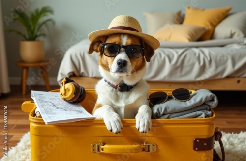 Stylish dog sitting in an open yellow suitcase, ready for a travel and adventure, with travel items like headphones, a map, folded clothes, and sunglasses.