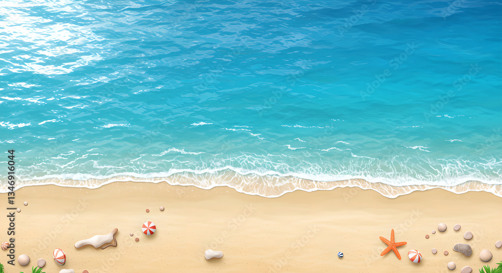 Obraz premium Exotic beach travel and vacation, tropical summer scene, beautiful ocean shore with starfish and seashells for inspirational greeting card and tourism concept