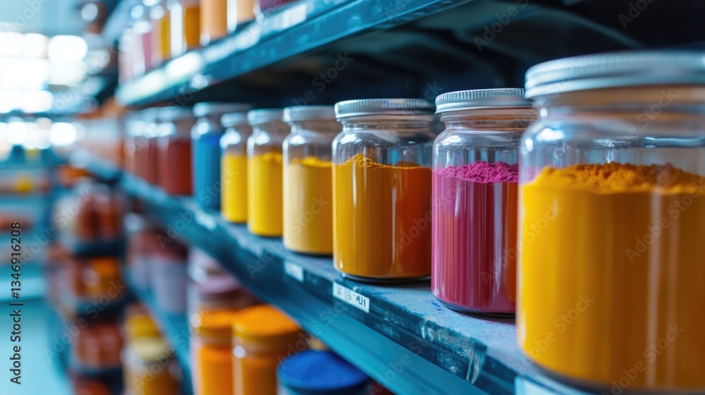Vibrant Powder Pigments in Glass Jars on Shelf Vibrant Powder Pigments in Glass Jars on Shelf