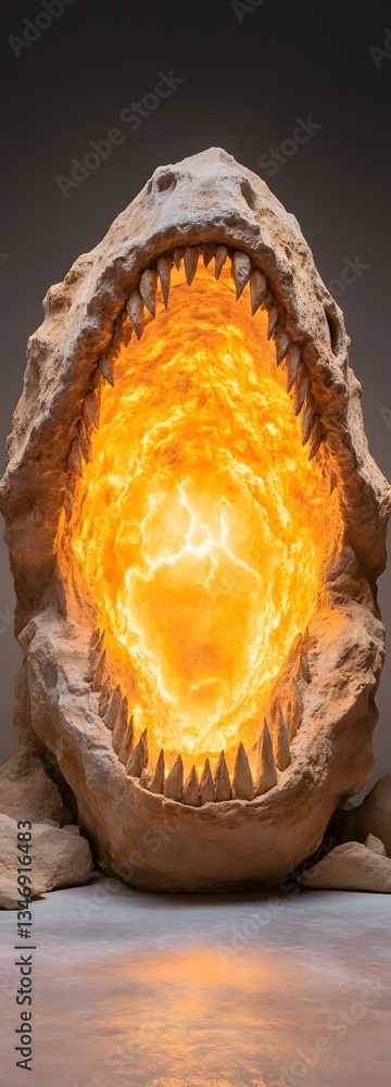 A podium set inside the mouth of a fossilized dragon skull, glowing with mystical energy.