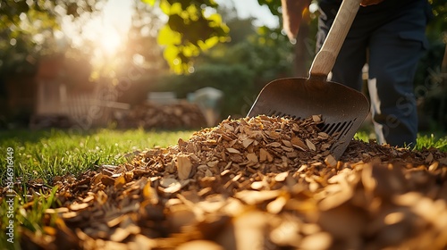 Wallpaper Mural A person using a wooden pitchfork to turn wood chips in the backyard garden, with a pile of leaves on the grass background Torontodigital.ca