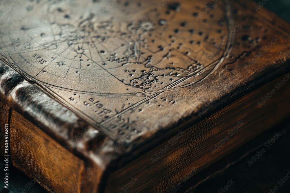 Naklejka premium Antique leather-bound book with embossed celestial map; a testament to historical cartography and craftsmanship.