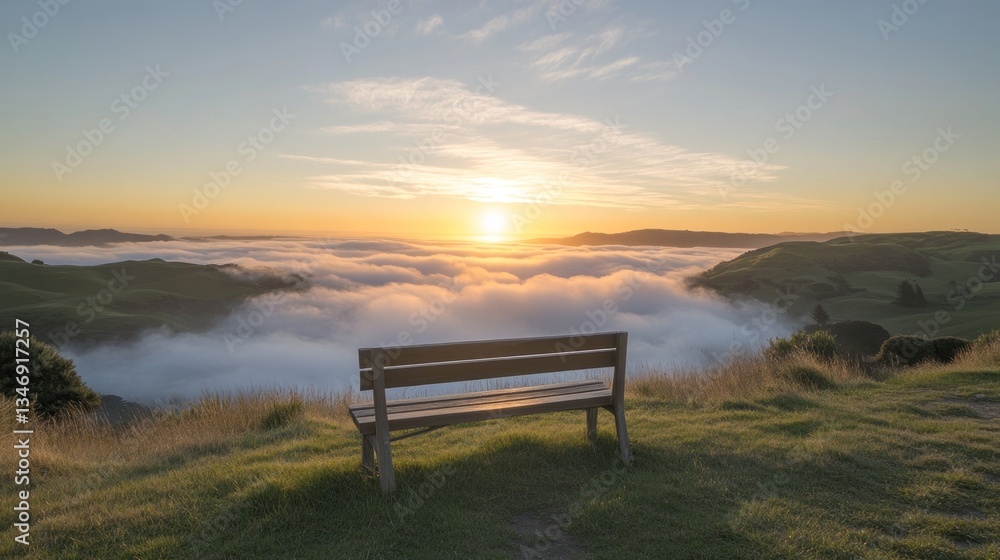 Serene Sunrise: A Bench Overlooking a Sea of Clouds Serene Sunrise: A Bench Overlooking a Sea of Clouds