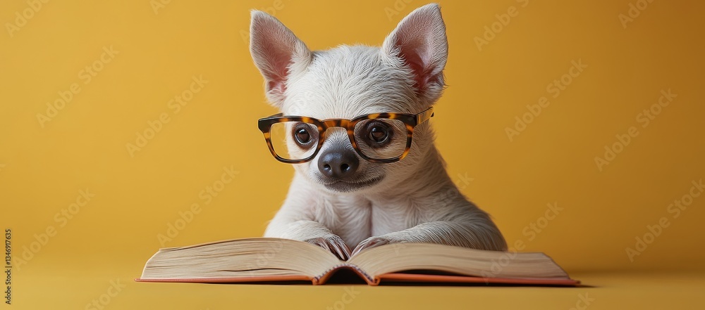 Fototapeta premium A happy sloth, donning glasses, reads a book in a comfortable and cozy environment