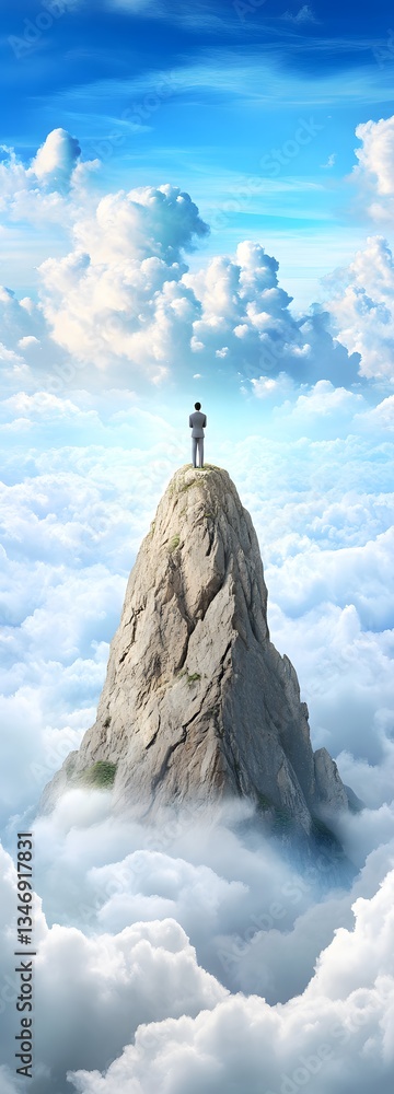 A podium standing on a mountain peak, overlooking an endless valley of clouds.